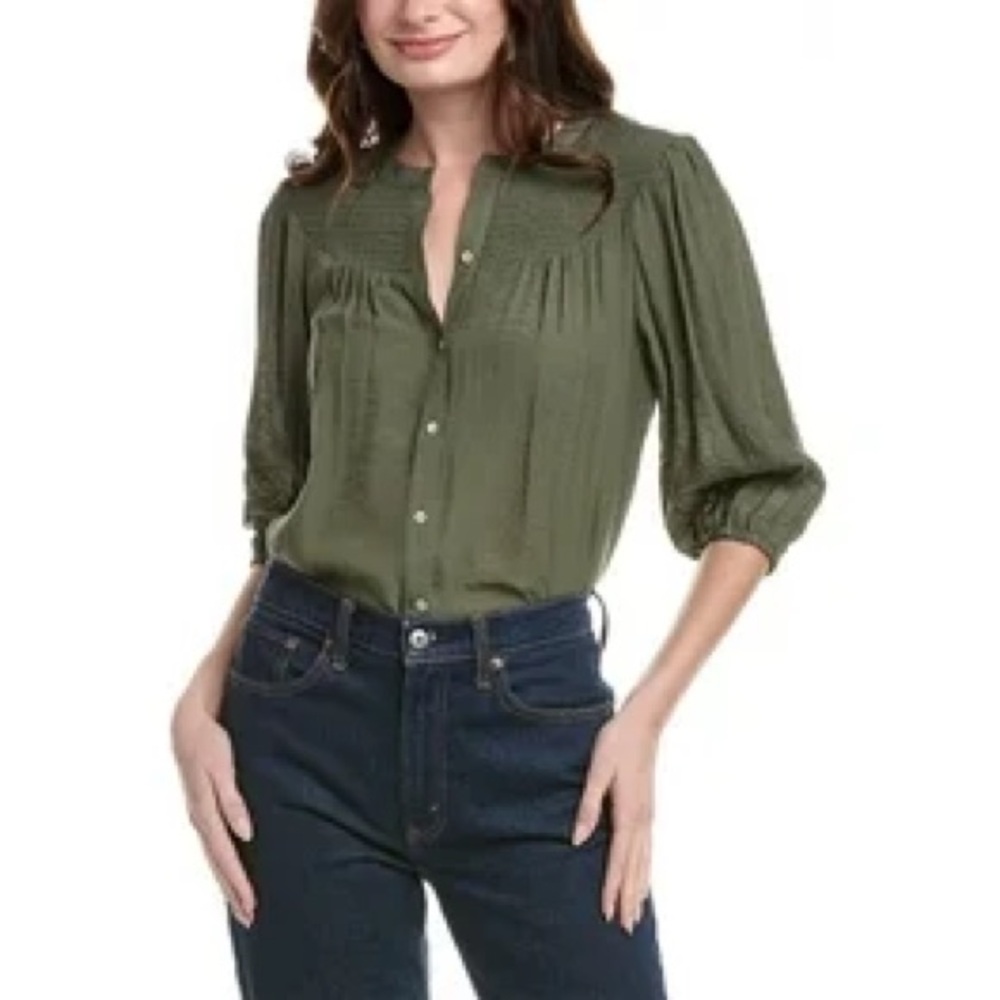 NWT NANETTE LEPORE Elegant Olive 3/4 Sleeve Button Up Smocked Blouse Medium